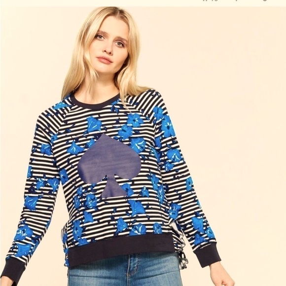 kate spade Tops - Kate Spade hibiscus blue and striped sweatshirt size small